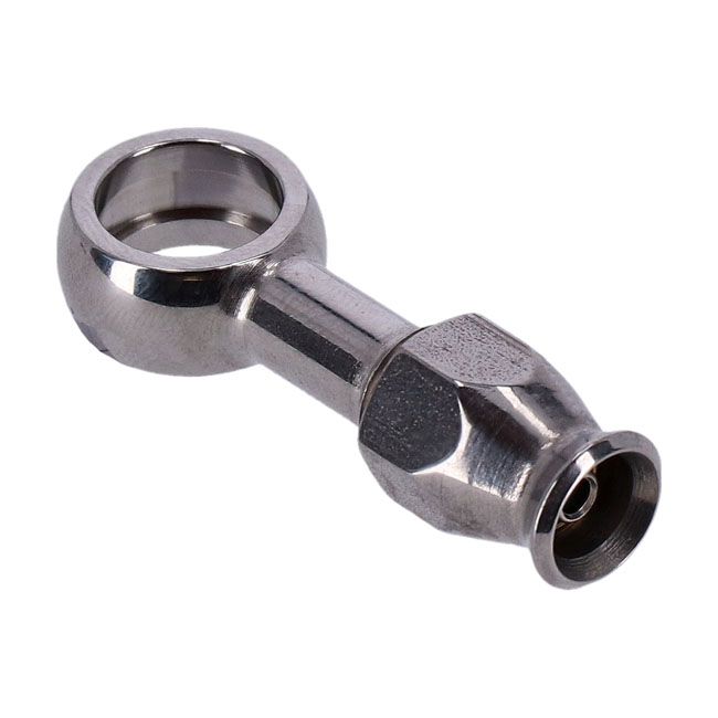 Goodridge, 7/16" (11mm) banjo fitting straight. Stainless