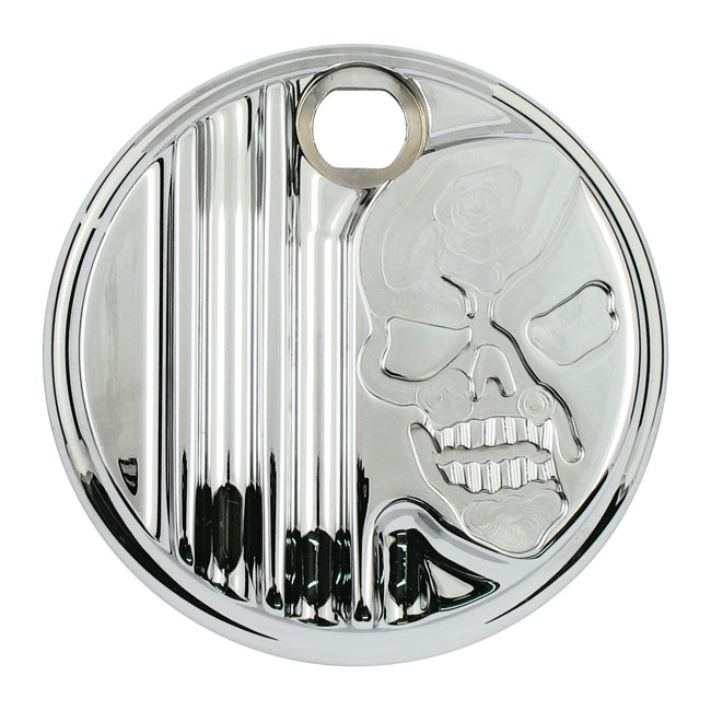 Covingtons, aluminum fuel tank door. Chrome. Skull