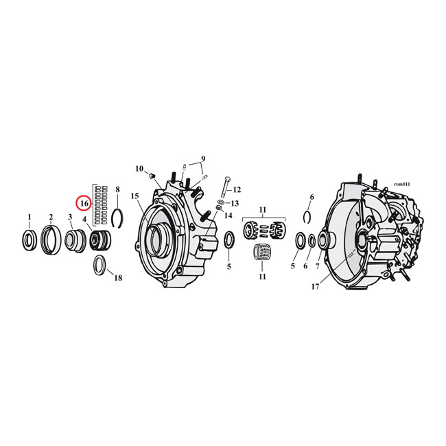 Pinion shaft (right side) crankcase/wheel rollers, +.0002"