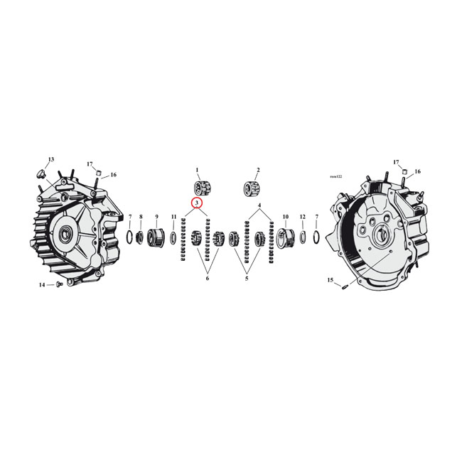 Sprocket shaft (left side) crankcase rollers. STD
